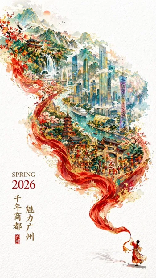 gpt-image-2 生成的插画2026广州春季城市海报，突出海报与插画效果