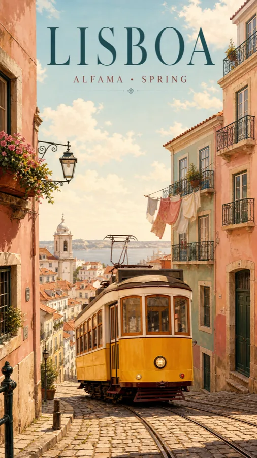 gpt-image-2 生成的插画里斯本电车春季旅行海报，突出海报与插画效果