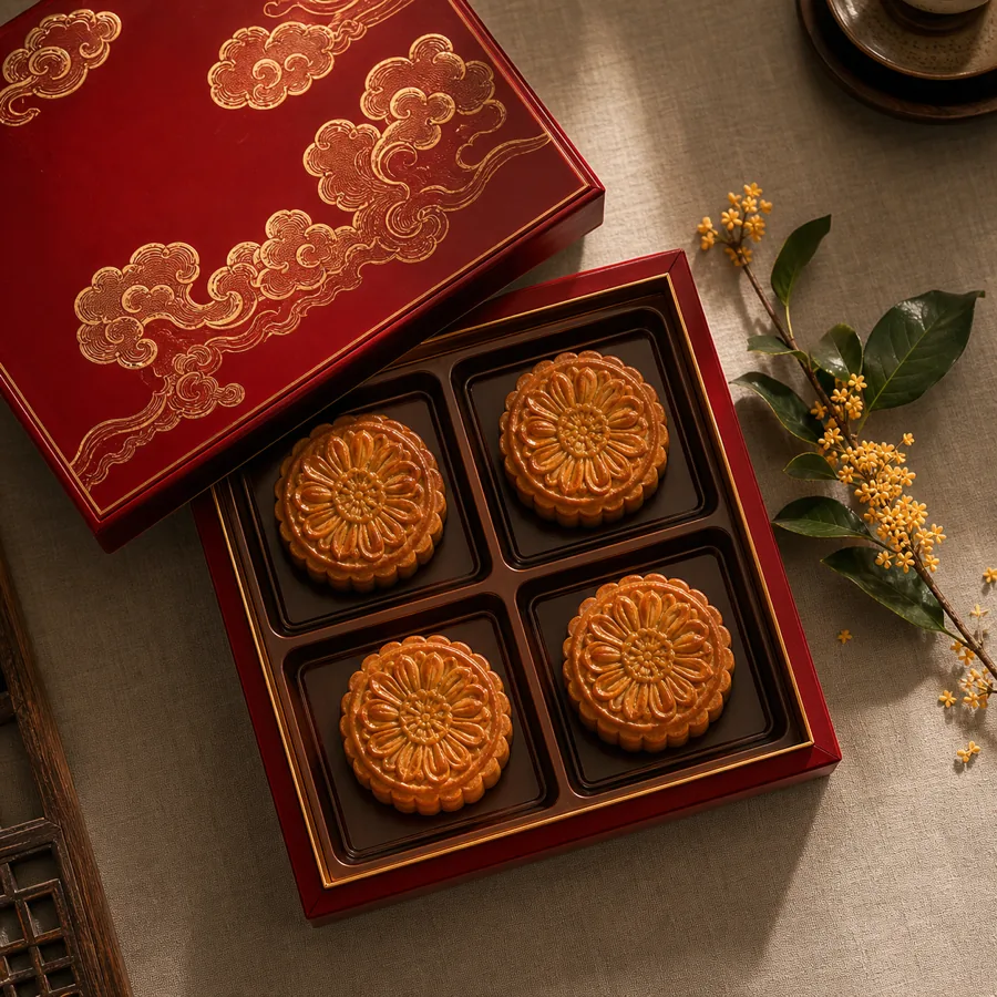 gpt-image-2 生成的产品摄影月饼礼盒开启展示产品，突出电商与产品摄影