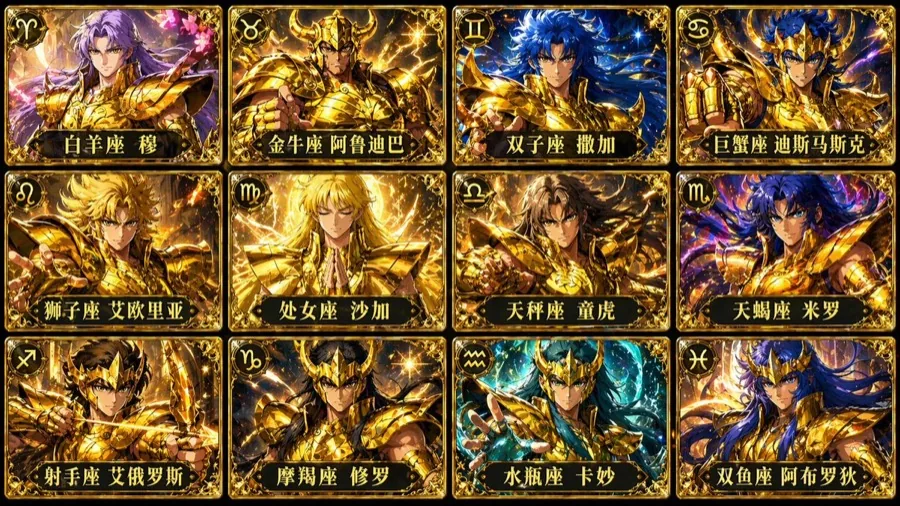 gpt-image-2 生成的设定卡圣斗士黄金圣斗士卡牌格角色，突出角色与设定