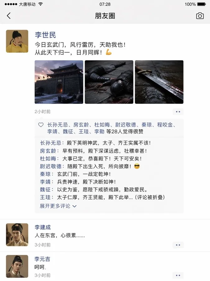 gpt-image-2 生成的截图玄武门之变朋友圈界面，突出UI与截图效果
