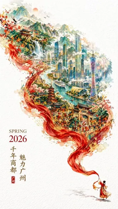 gpt-image-2 生成的插画2026广州春季城市海报，突出海报与插画效果
