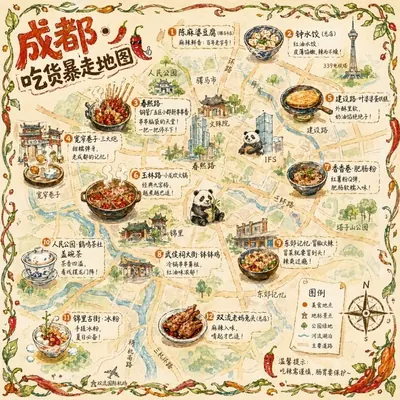 gpt-image-2 生成的插画成都美食地图插画海报，突出海报与插画效果