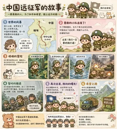 gpt-image-2 生成的插画可爱中国远征军分镜海报，突出海报与插画效果
