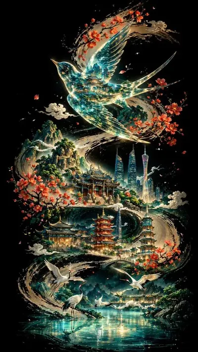gpt-image-2 生成的插画水墨曲线广州美学海报，突出海报与插画效果