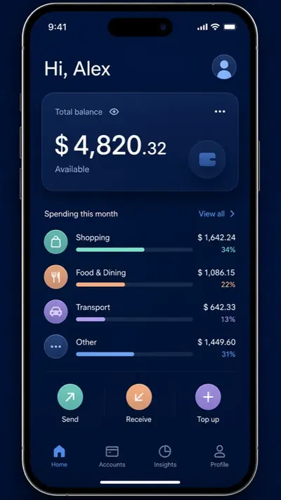 gpt-image-2 生成的截图手机银行App主面板界面，突出UI与截图效果