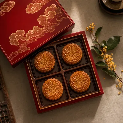 gpt-image-2 生成的产品摄影月饼礼盒开启展示产品，突出电商与产品摄影