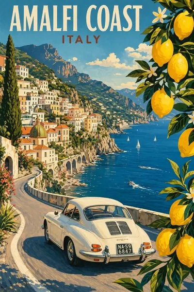 gpt-image-2 生成的插画复古阿马尔菲旅行海报，突出海报与插画效果